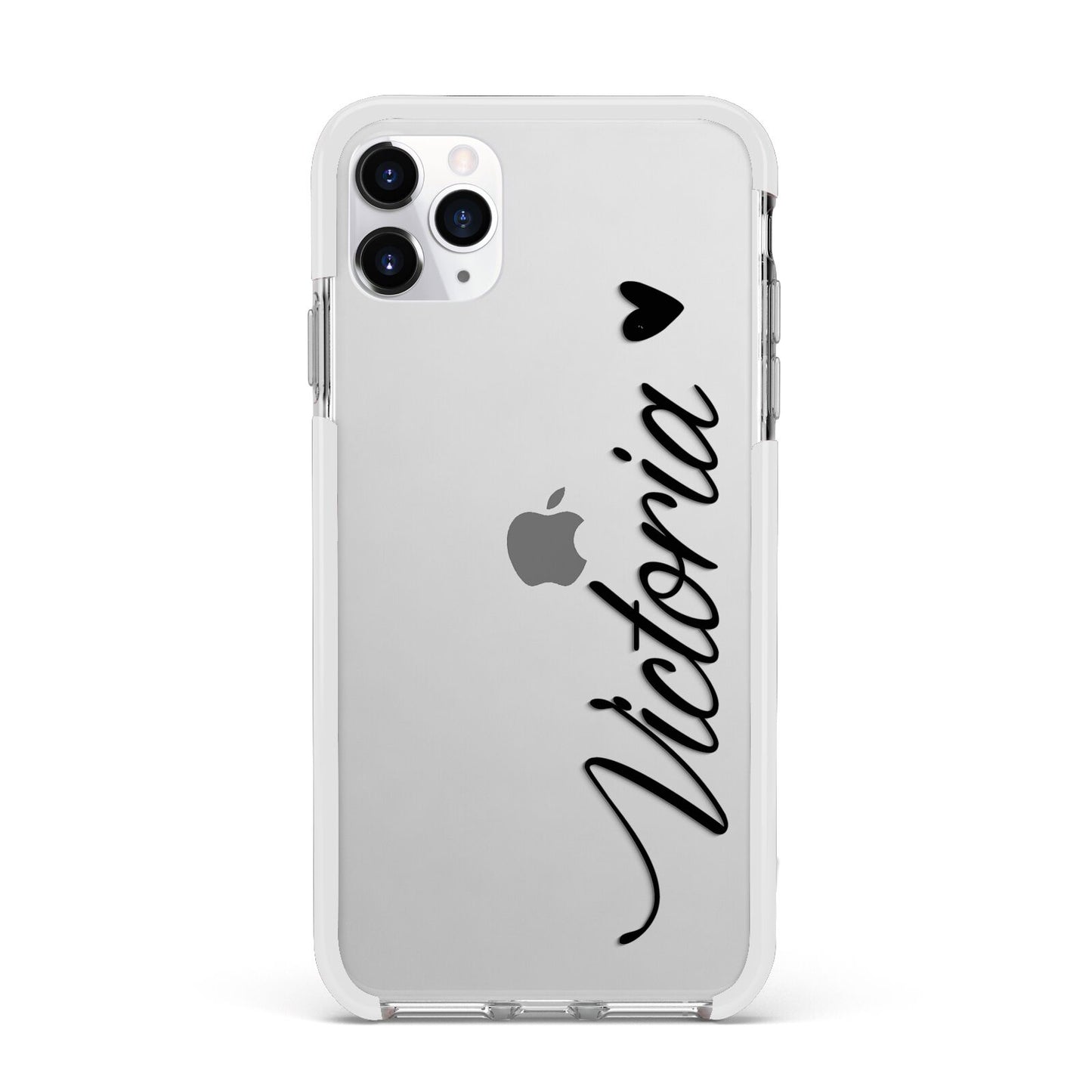 Personalised Black Script Name Heart Clear Apple iPhone 11 Pro Max in Silver with White Impact Case