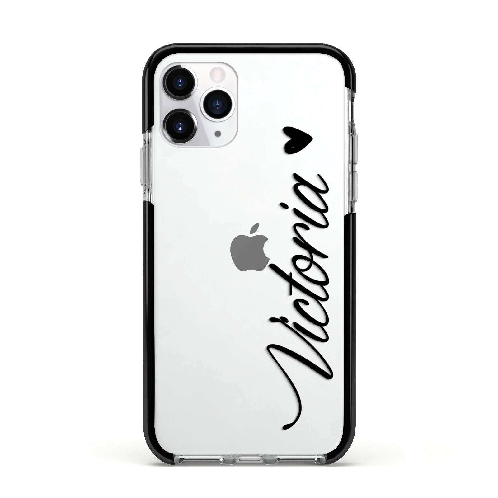 Personalised Black Script Name Heart Clear Apple iPhone 11 Pro in Silver with Black Impact Case
