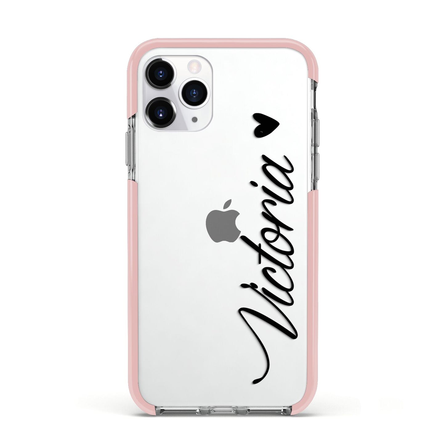 Personalised Black Script Name Heart Clear Apple iPhone 11 Pro in Silver with Pink Impact Case
