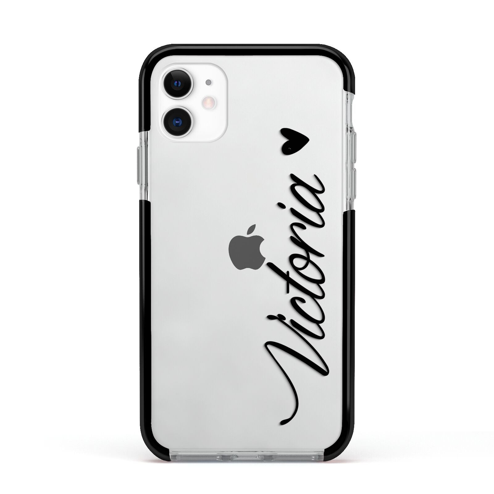 Personalised Black Script Name Heart Clear Apple iPhone 11 in White with Black Impact Case