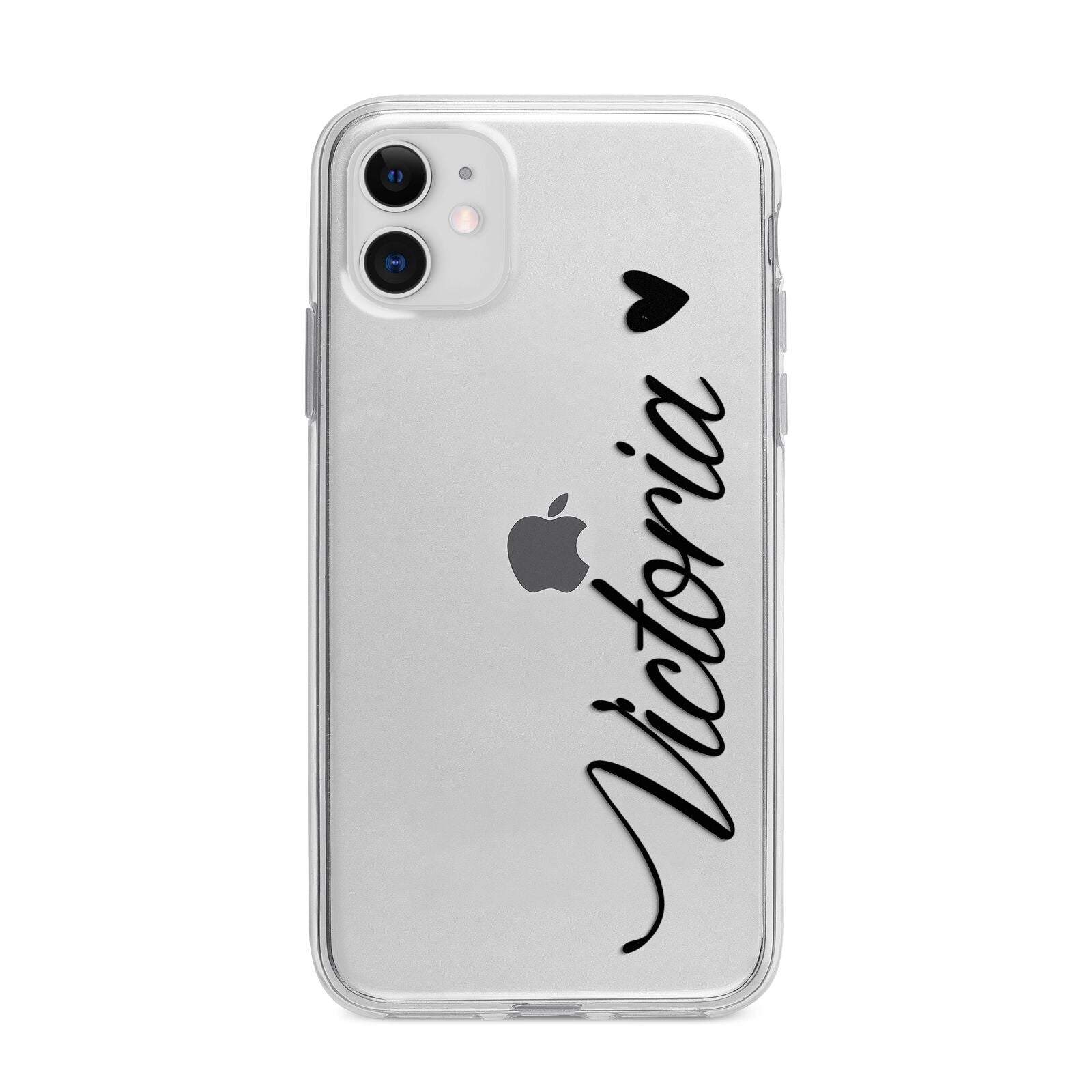 Personalised Black Script Name Heart Clear Apple iPhone 11 in White with Bumper Case