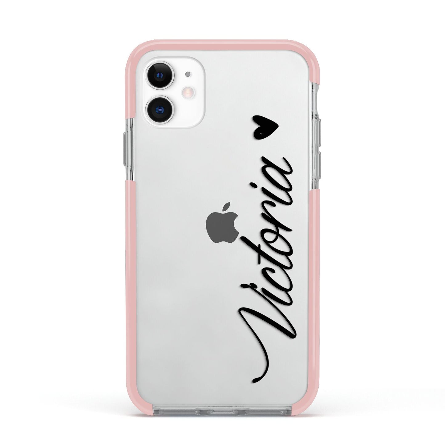 Personalised Black Script Name Heart Clear Apple iPhone 11 in White with Pink Impact Case