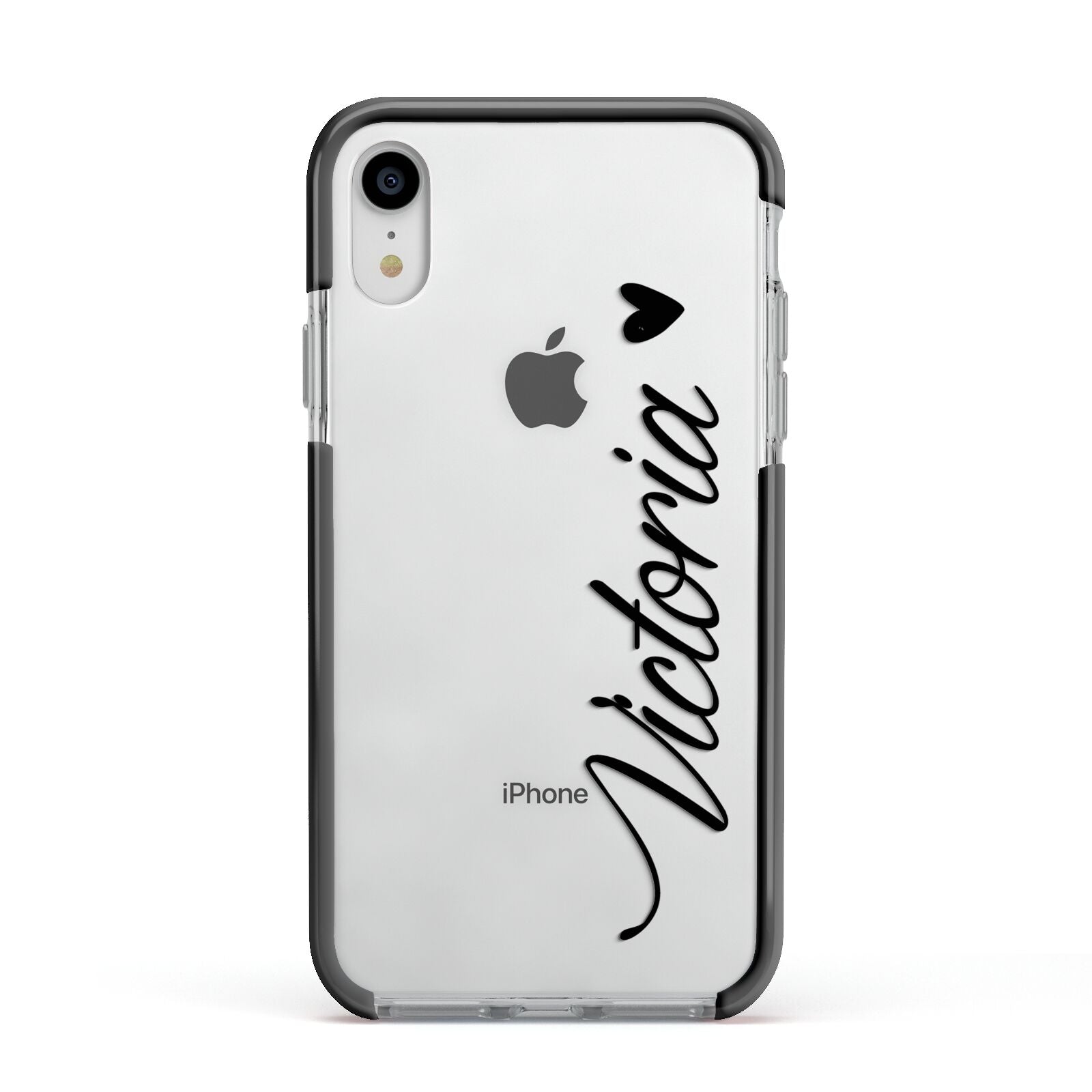 Personalised Black Script Name Heart Clear Apple iPhone XR Impact Case Black Edge on Silver Phone