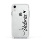 Personalised Black Script Name Heart Clear Apple iPhone XR Impact Case White Edge on Silver Phone