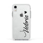 Personalised Black Script Name Heart Clear Apple iPhone XR Impact Case White Edge on Silver Phone