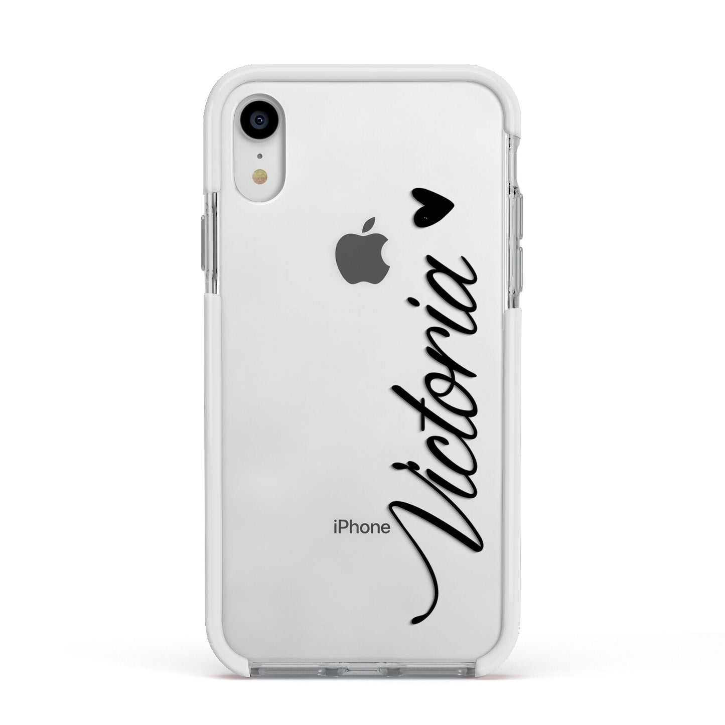Personalised Black Script Name Heart Clear Apple iPhone XR Impact Case White Edge on Silver Phone
