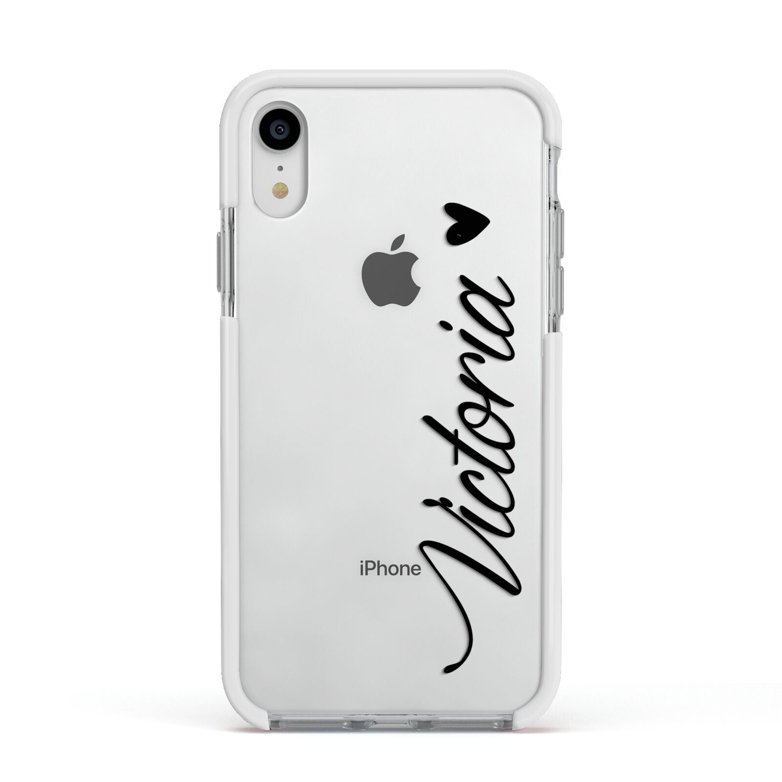 Personalised Black Script Name Heart Clear Apple iPhone XR Impact Case White Edge on Silver Phone