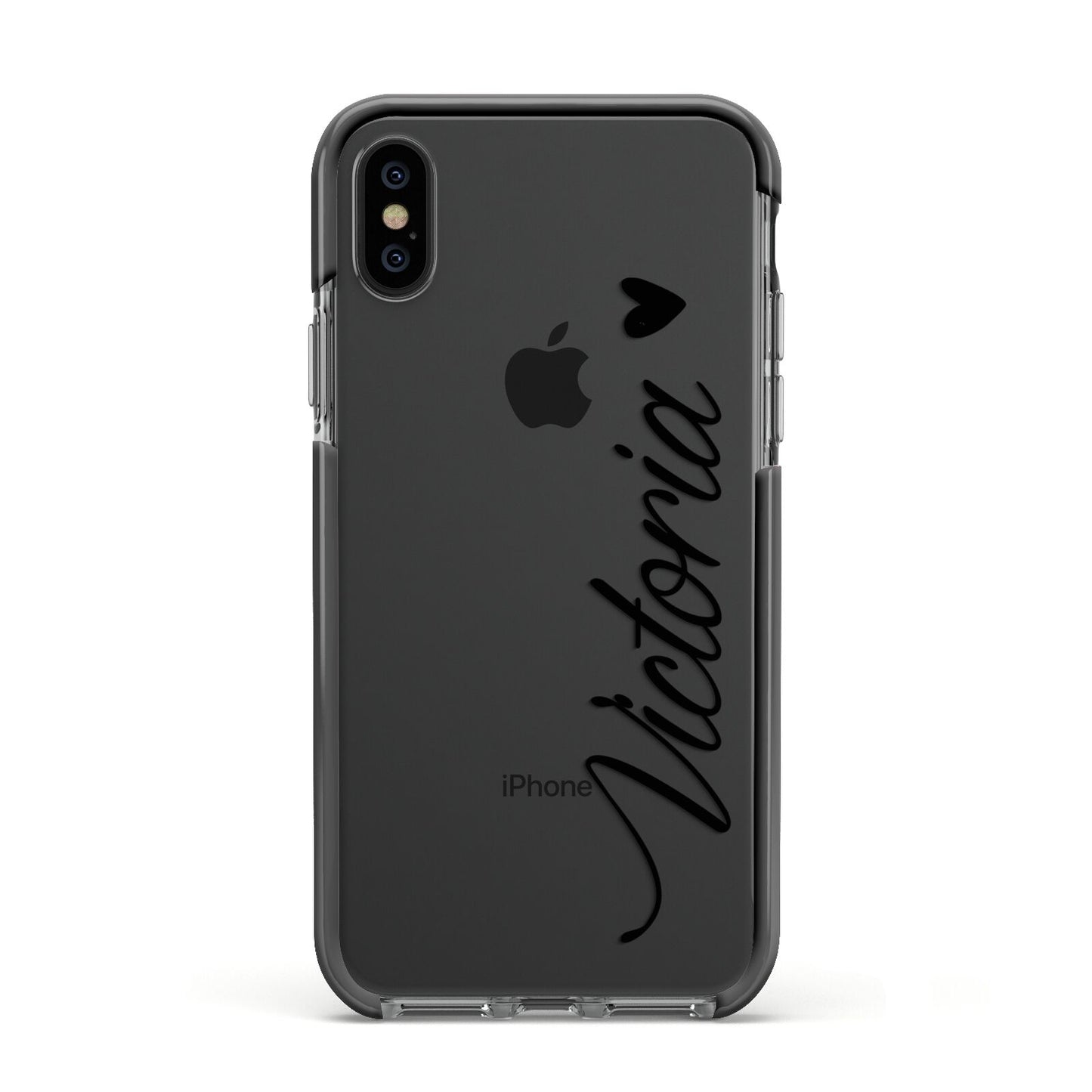 Personalised Black Script Name Heart Clear Apple iPhone Xs Impact Case Black Edge on Black Phone