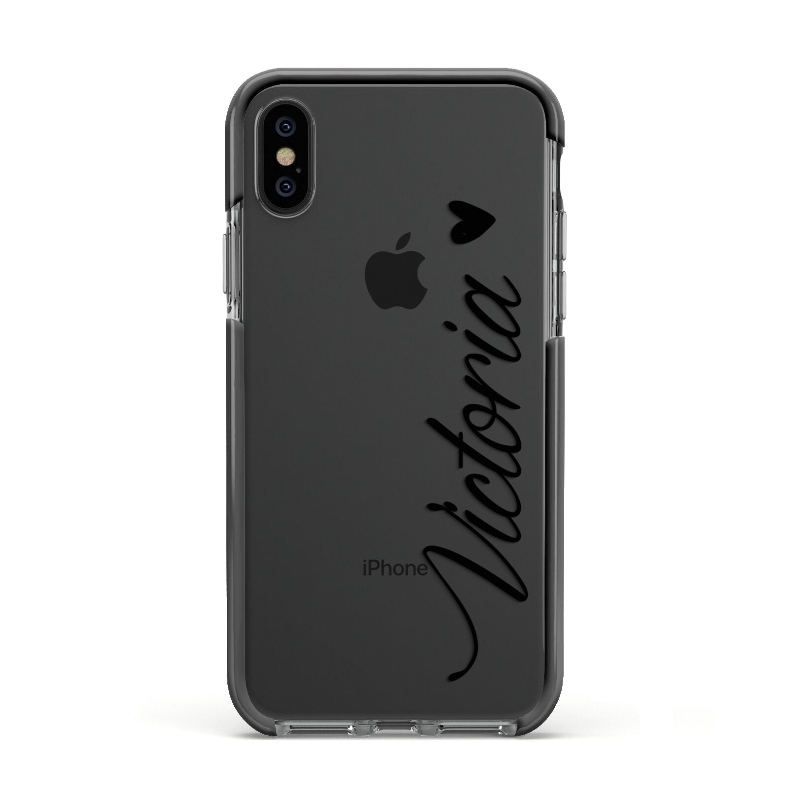 Personalised Black Script Name Heart Clear Apple iPhone Xs Impact Case Black Edge on Black Phone