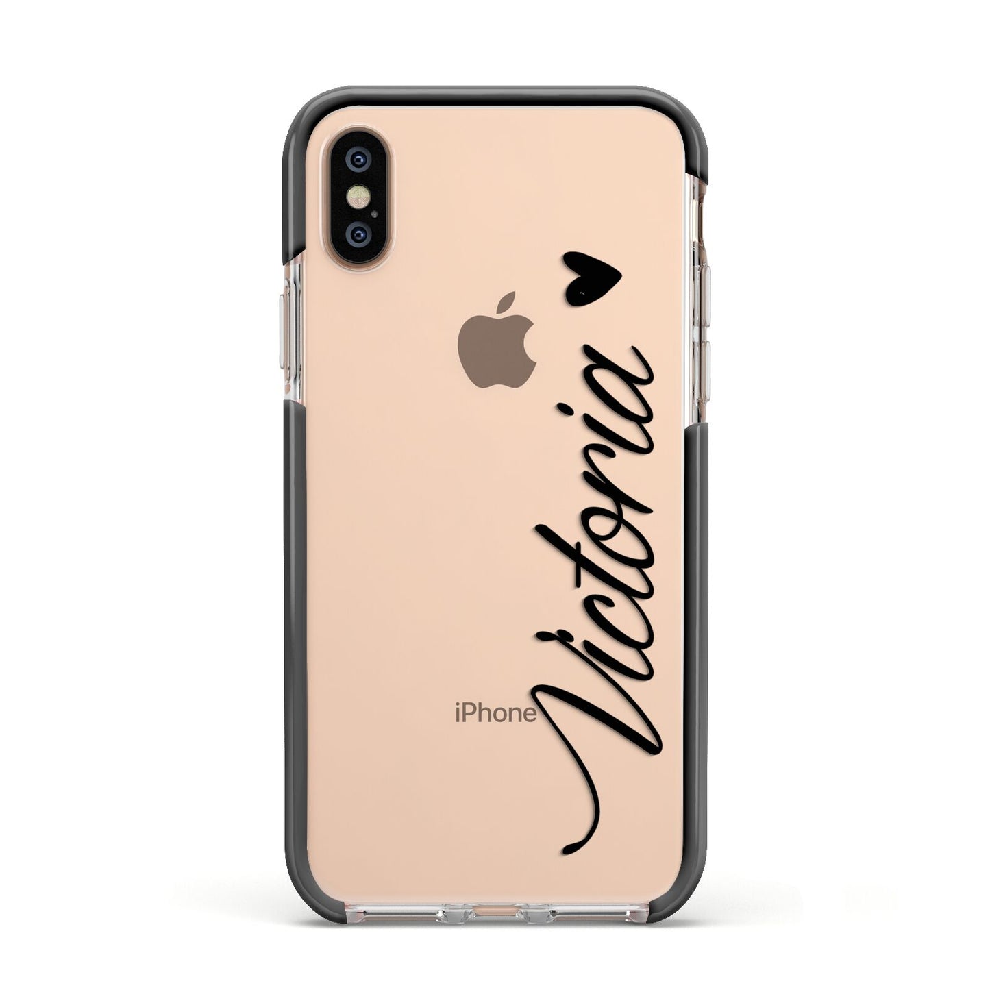 Personalised Black Script Name Heart Clear Apple iPhone Xs Impact Case Black Edge on Gold Phone