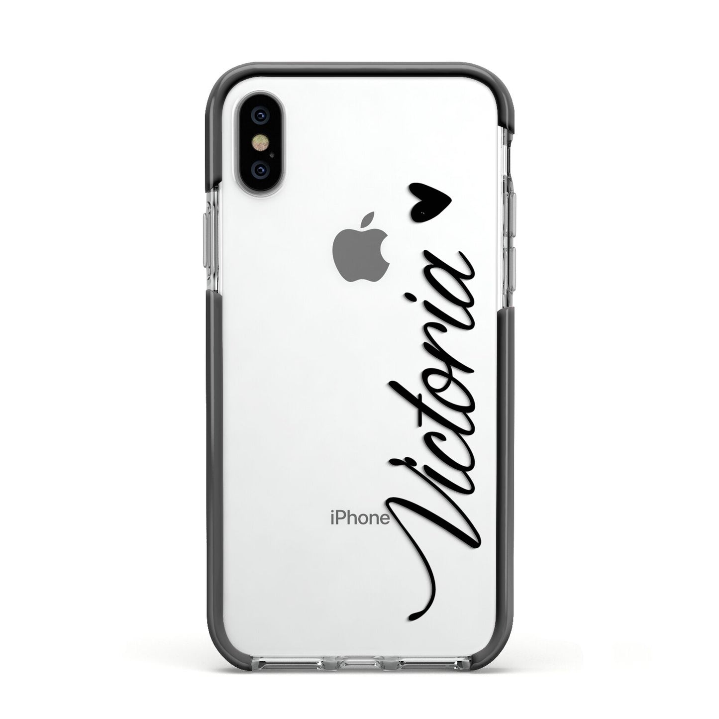 Personalised Black Script Name Heart Clear Apple iPhone Xs Impact Case Black Edge on Silver Phone