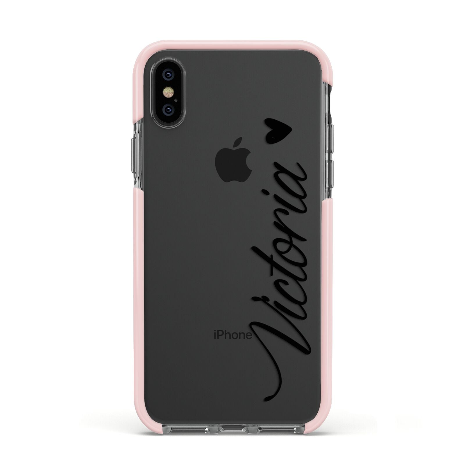 Personalised Black Script Name Heart Clear Apple iPhone Xs Impact Case Pink Edge on Black Phone