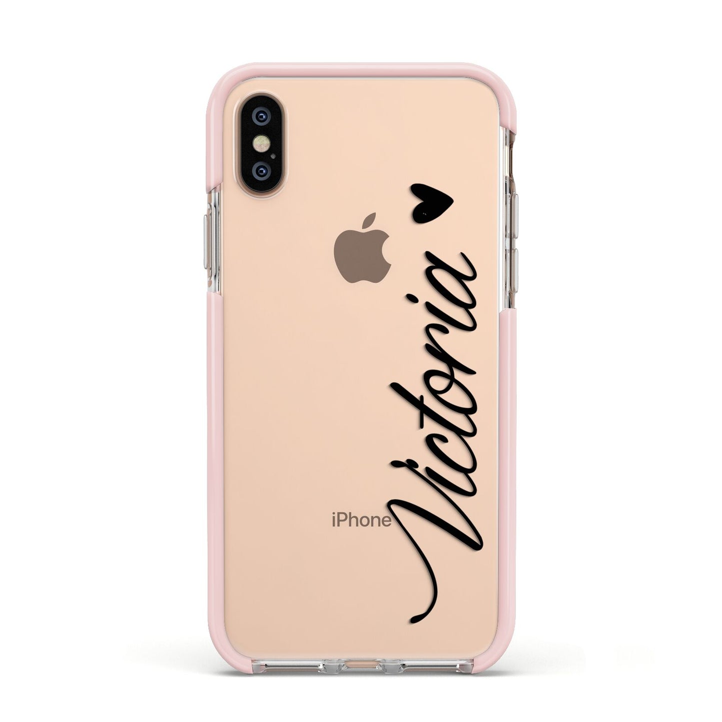 Personalised Black Script Name Heart Clear Apple iPhone Xs Impact Case Pink Edge on Gold Phone