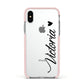 Personalised Black Script Name Heart Clear Apple iPhone Xs Impact Case Pink Edge on Silver Phone