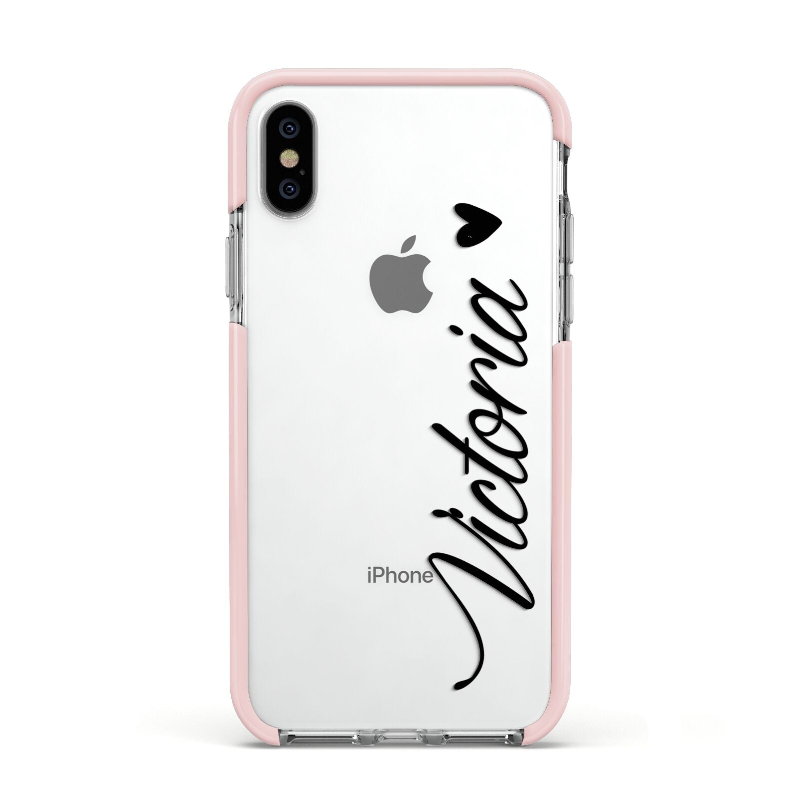 Personalised Black Script Name Heart Clear Apple iPhone Xs Impact Case Pink Edge on Silver Phone