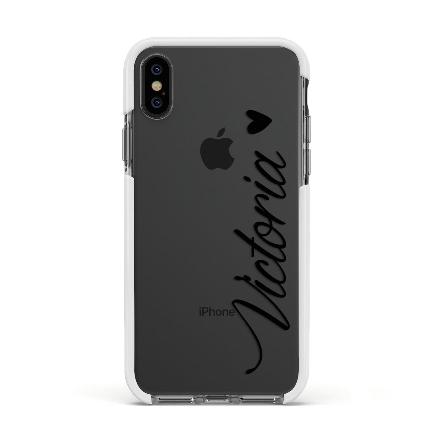 Personalised Black Script Name Heart Clear Apple iPhone Xs Impact Case White Edge on Black Phone