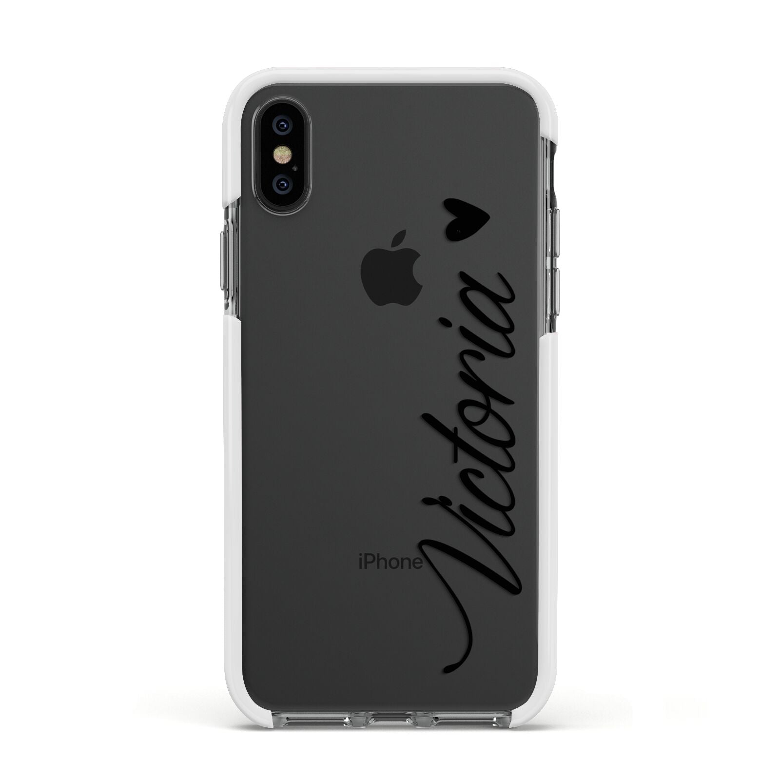 Personalised Black Script Name Heart Clear Apple iPhone Xs Impact Case White Edge on Black Phone