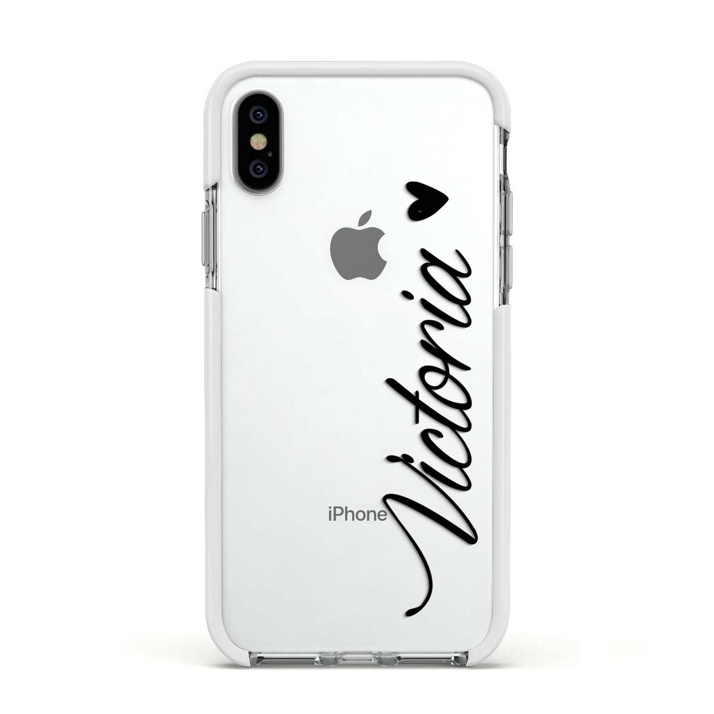 Personalised Black Script Name Heart Clear Apple iPhone Xs Impact Case White Edge on Silver Phone