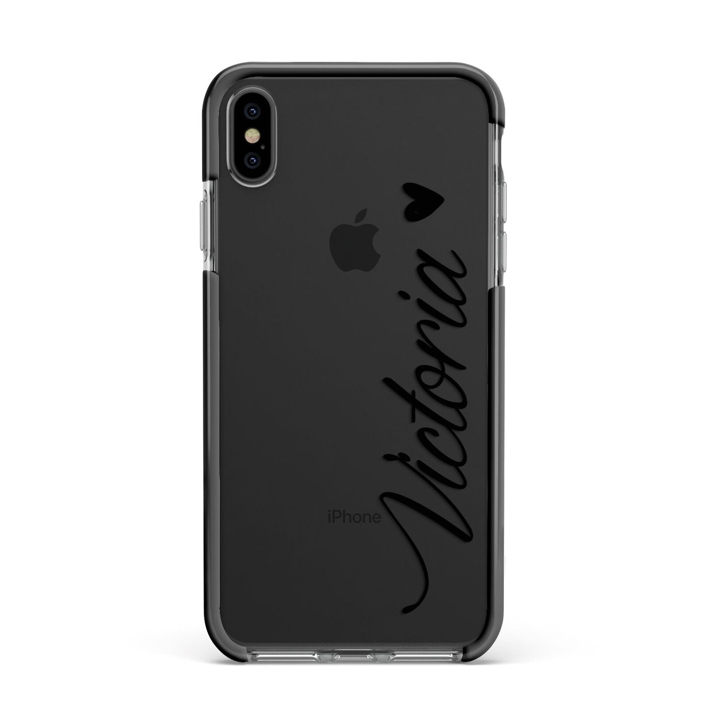 Personalised Black Script Name Heart Clear Apple iPhone Xs Max Impact Case Black Edge on Black Phone