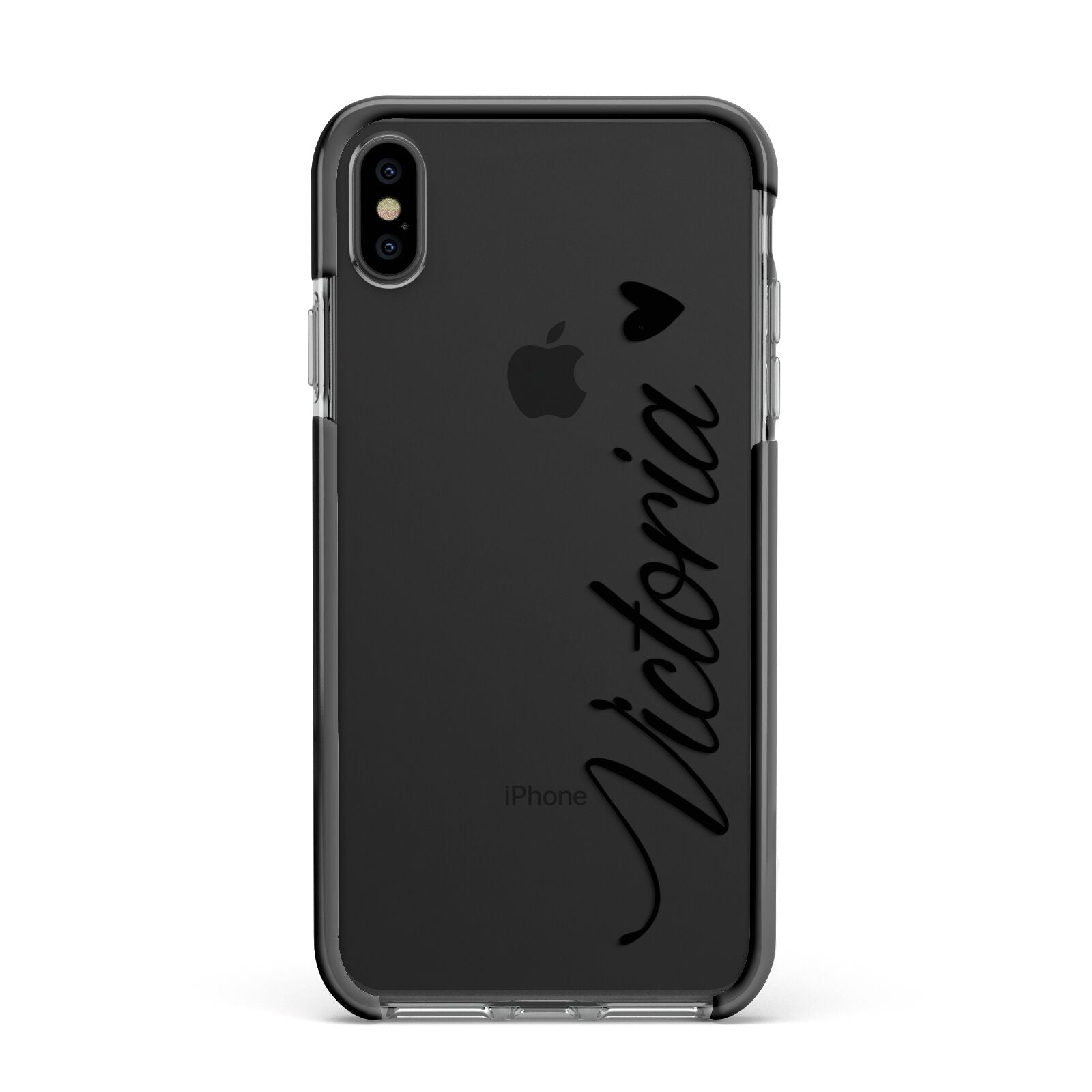 Personalised Black Script Name Heart Clear Apple iPhone Xs Max Impact Case Black Edge on Black Phone