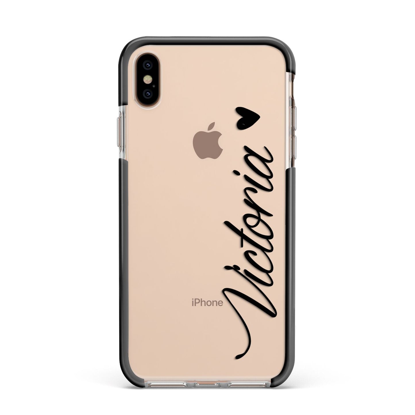 Personalised Black Script Name Heart Clear Apple iPhone Xs Max Impact Case Black Edge on Gold Phone
