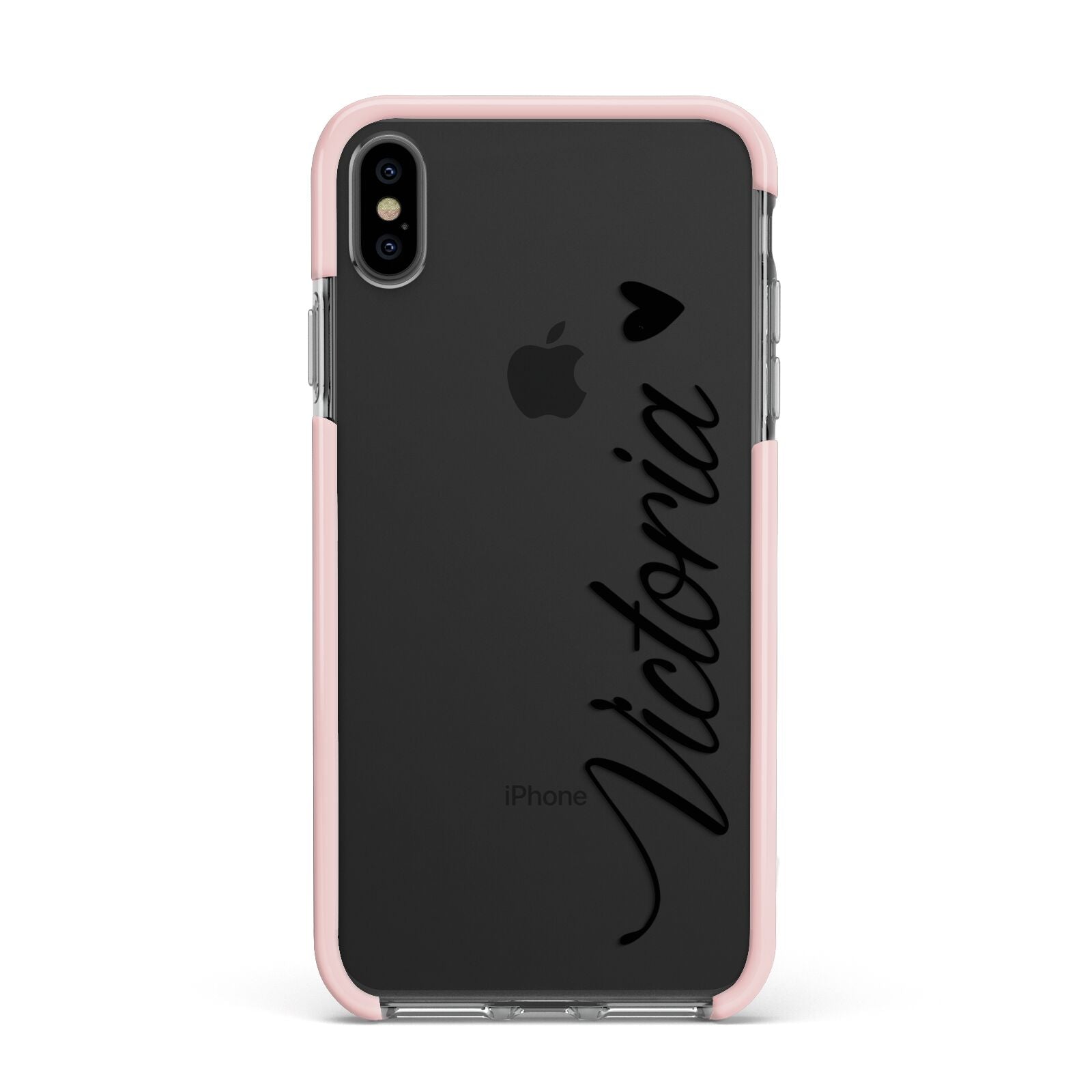 Personalised Black Script Name Heart Clear Apple iPhone Xs Max Impact Case Pink Edge on Black Phone