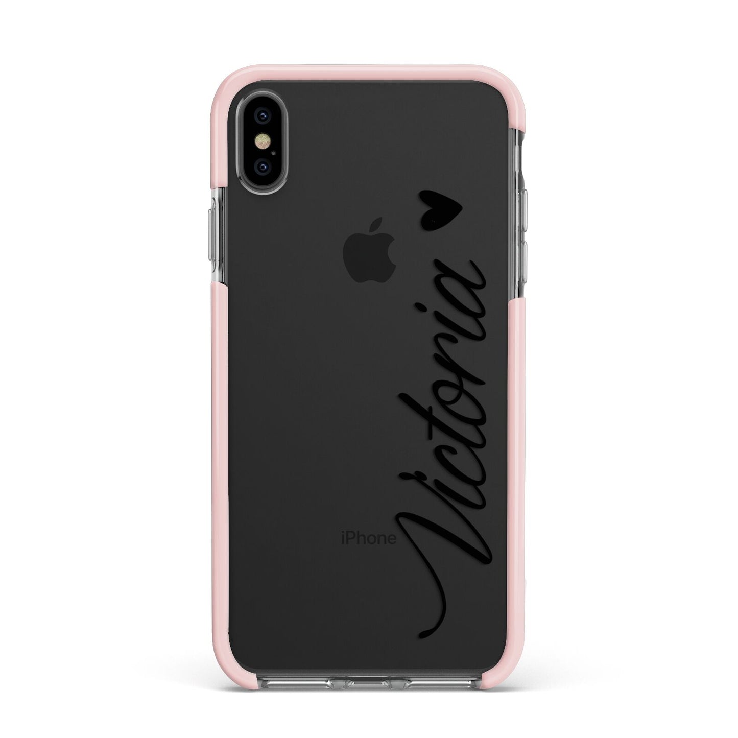 Personalised Black Script Name Heart Clear Apple iPhone Xs Max Impact Case Pink Edge on Black Phone