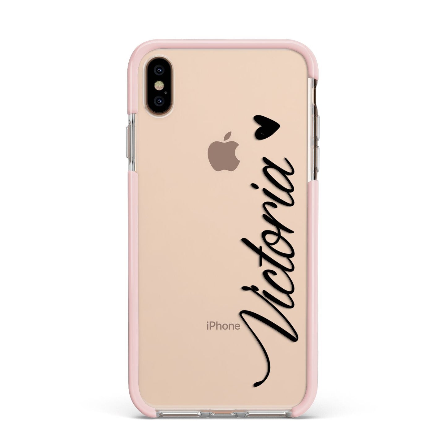 Personalised Black Script Name Heart Clear Apple iPhone Xs Max Impact Case Pink Edge on Gold Phone