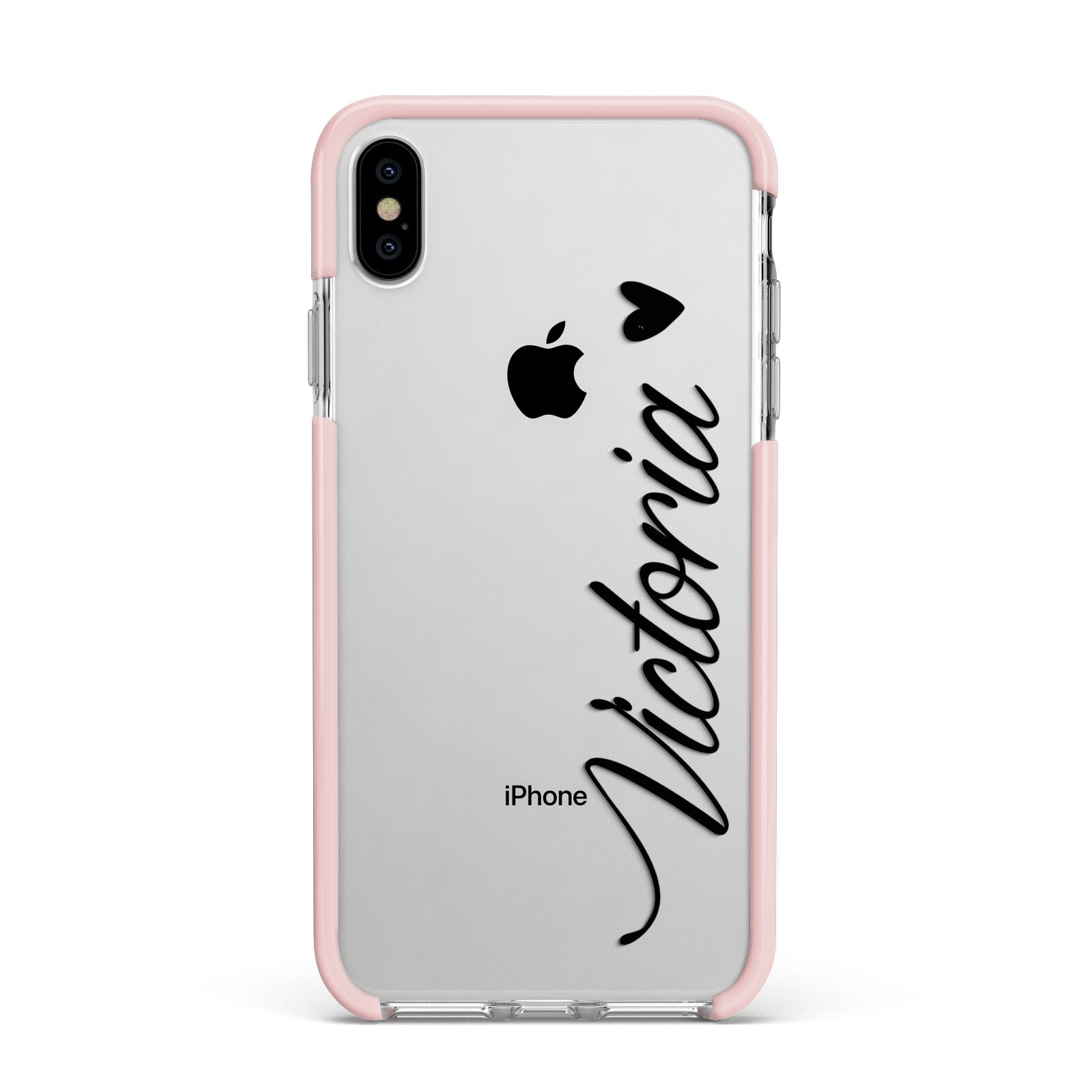 Personalised Black Script Name Heart Clear Apple iPhone Xs Max Impact Case Pink Edge on Silver Phone