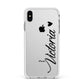 Personalised Black Script Name Heart Clear Apple iPhone Xs Max Impact Case White Edge on Silver Phone