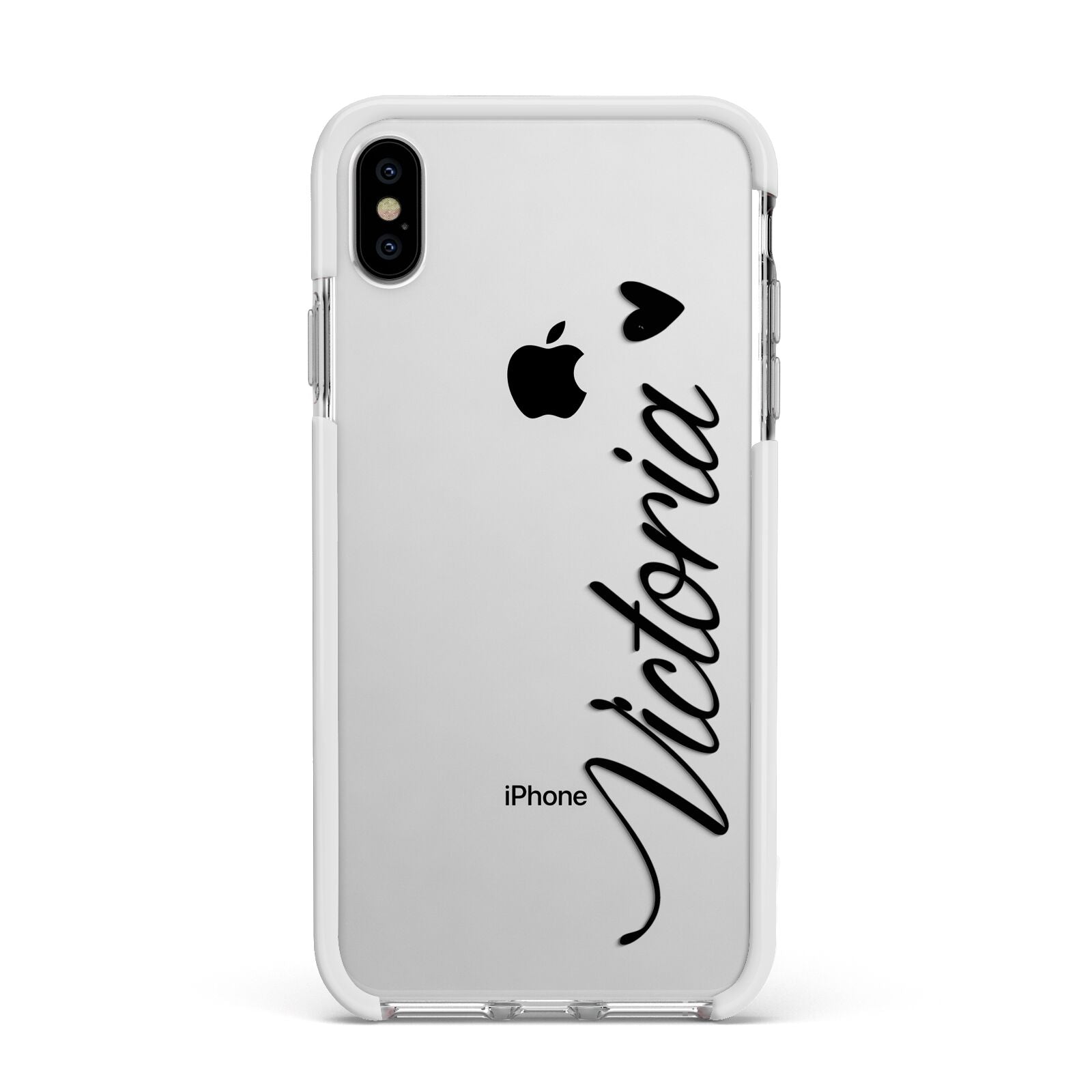 Personalised Black Script Name Heart Clear Apple iPhone Xs Max Impact Case White Edge on Silver Phone