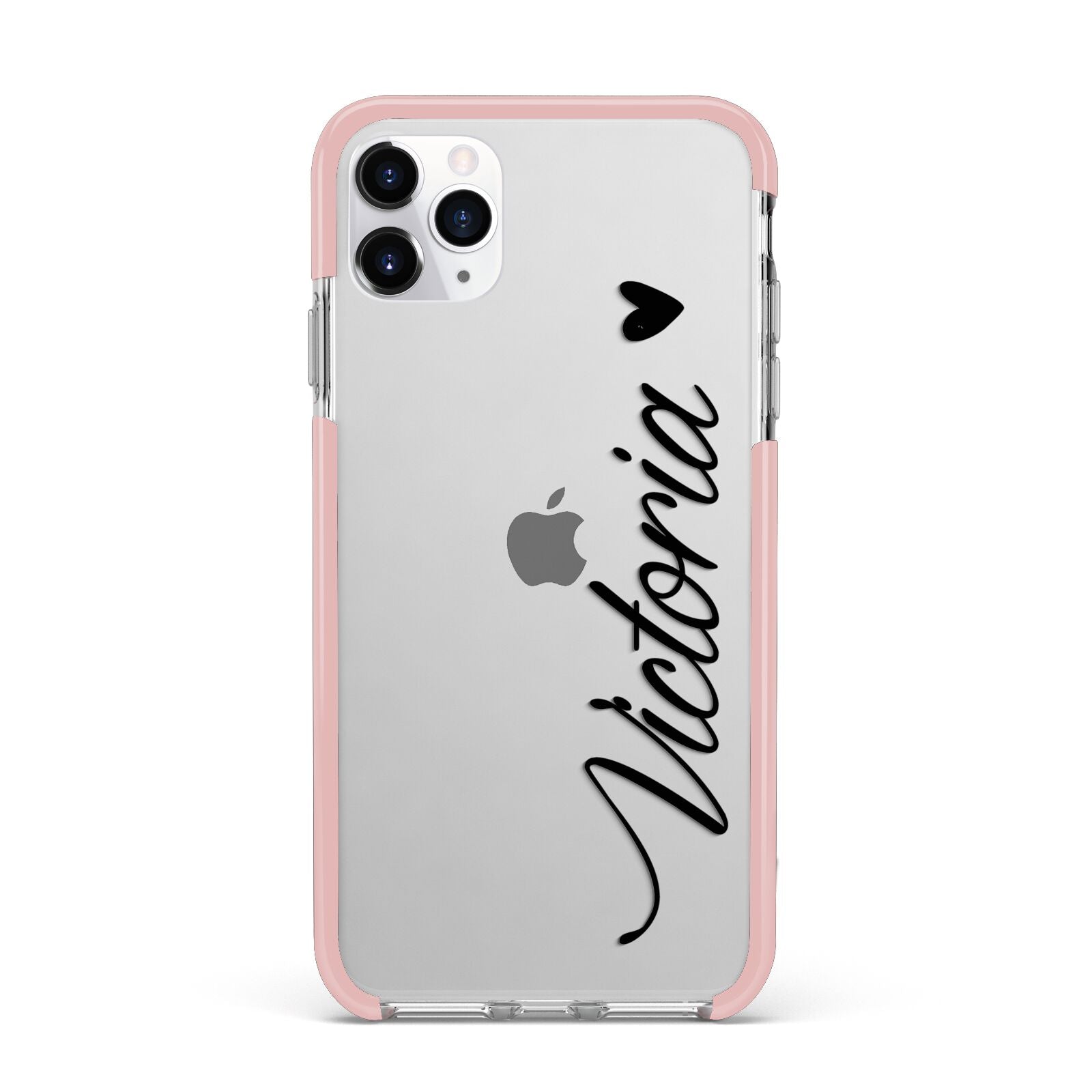 Personalised Black Script Name Heart Clear iPhone 11 Pro Max Impact Pink Edge Case
