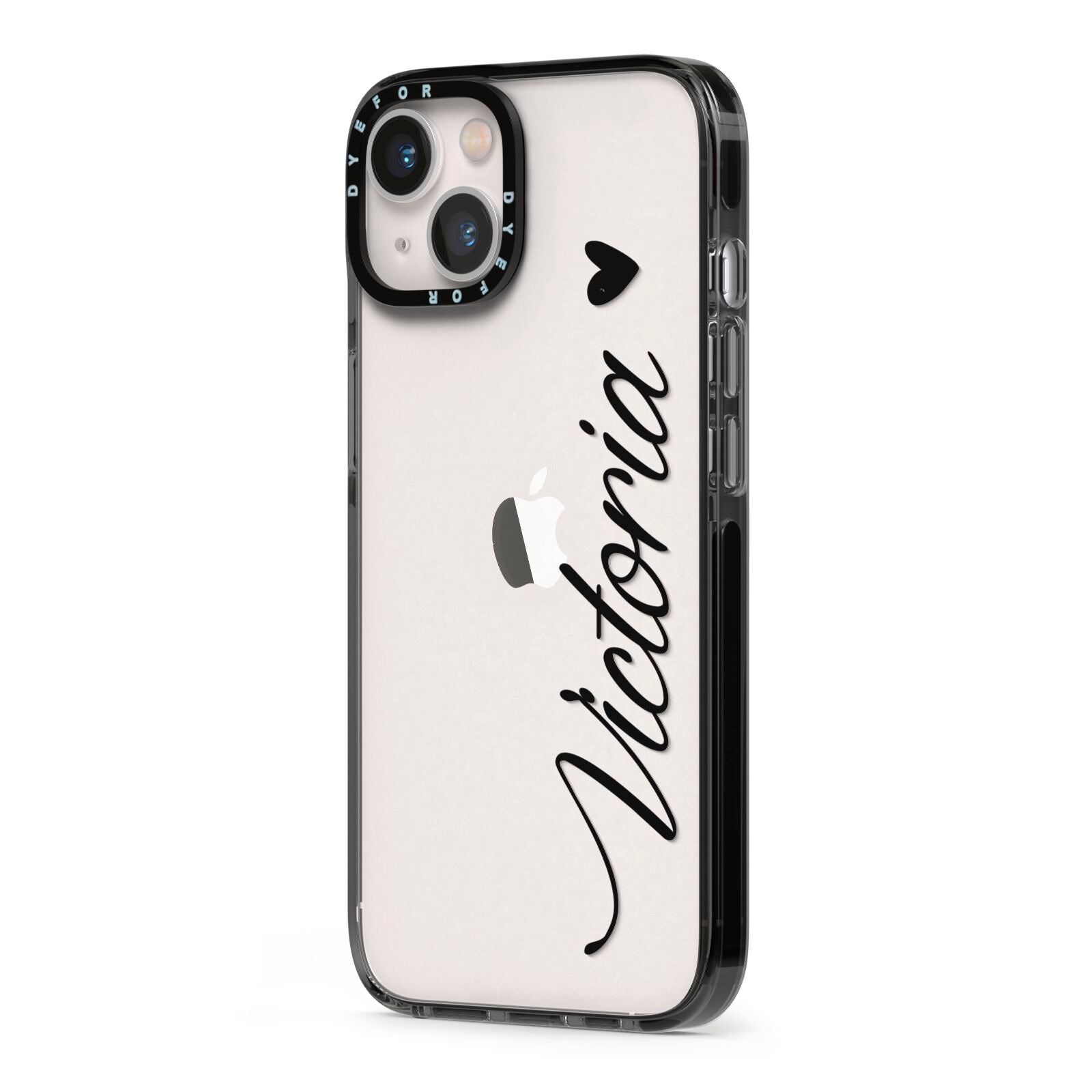 Personalised Black Script Name Heart Clear iPhone 13 Black Impact Case Side Angle on Silver phone