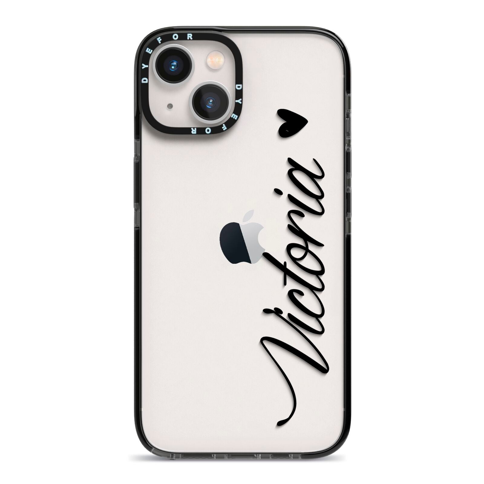 Personalised Black Script Name Heart Clear iPhone 13 Black Impact Case on Silver phone