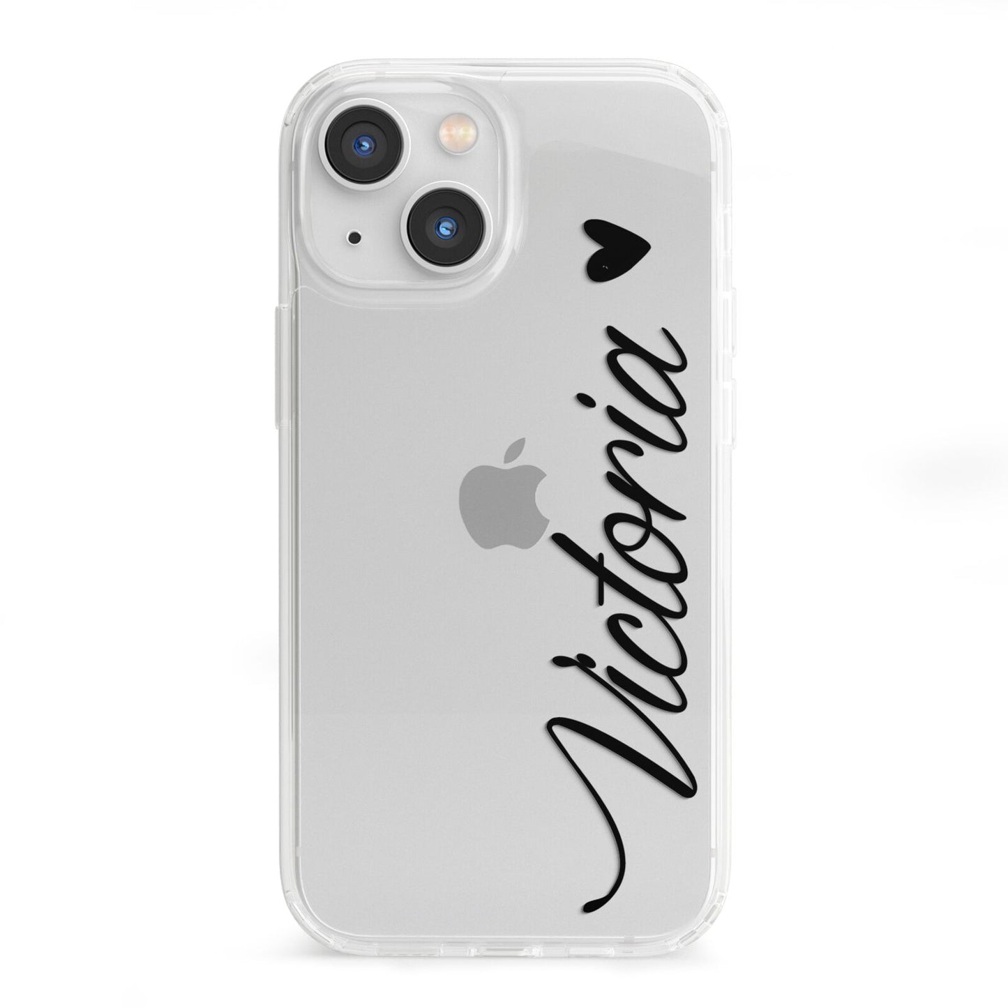 Personalised Black Script Name Heart Clear iPhone 13 Mini Clear Bumper Case