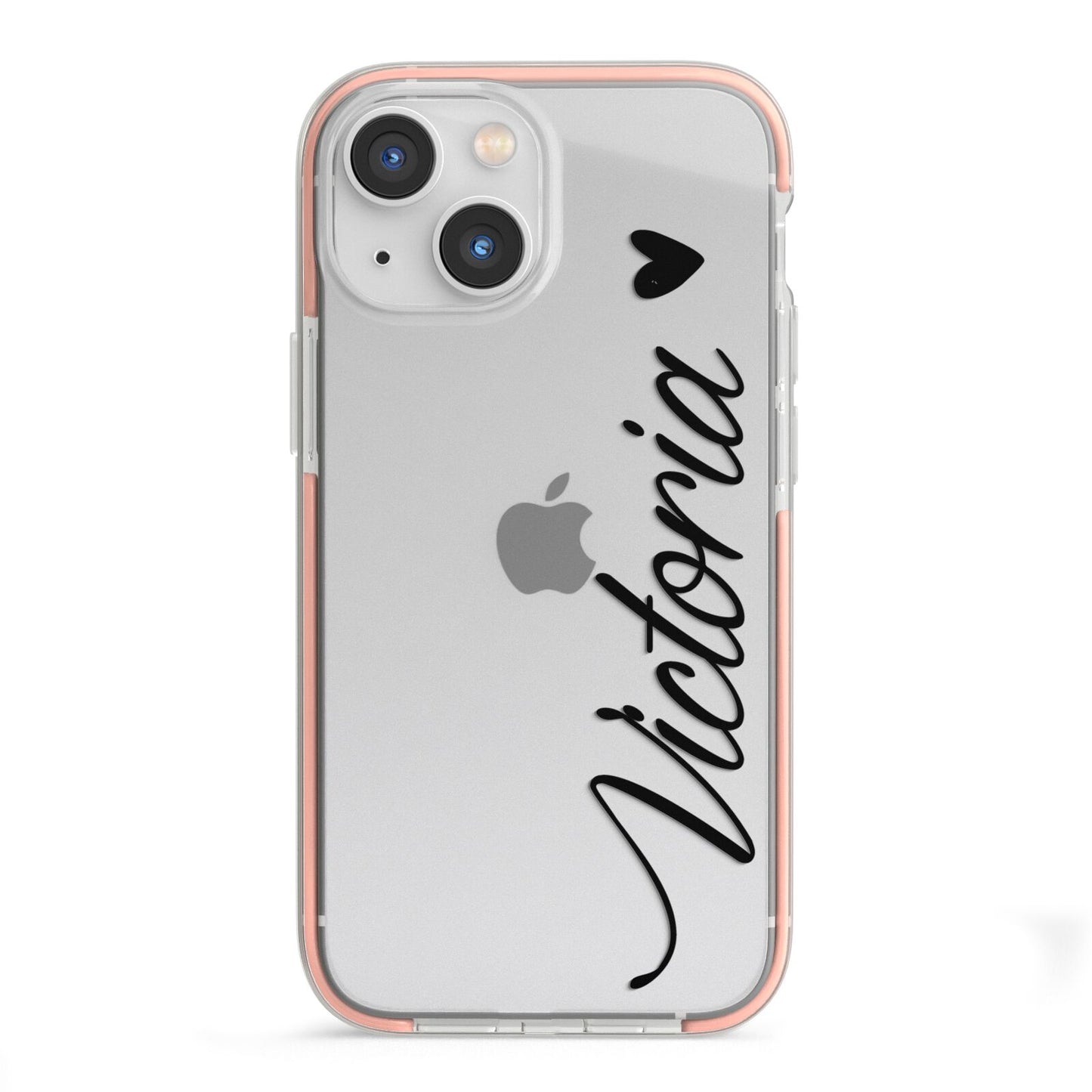 Personalised Black Script Name Heart Clear iPhone 13 Mini TPU Impact Case with Pink Edges