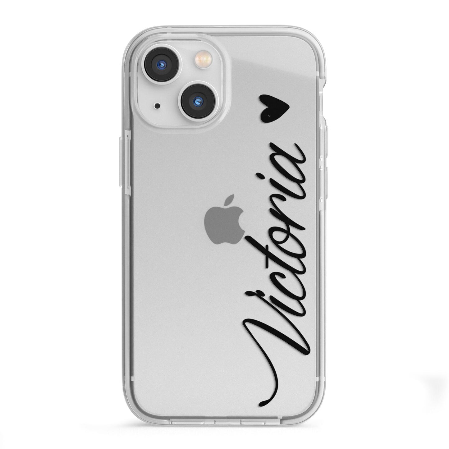 Personalised Black Script Name Heart Clear iPhone 13 Mini TPU Impact Case with White Edges