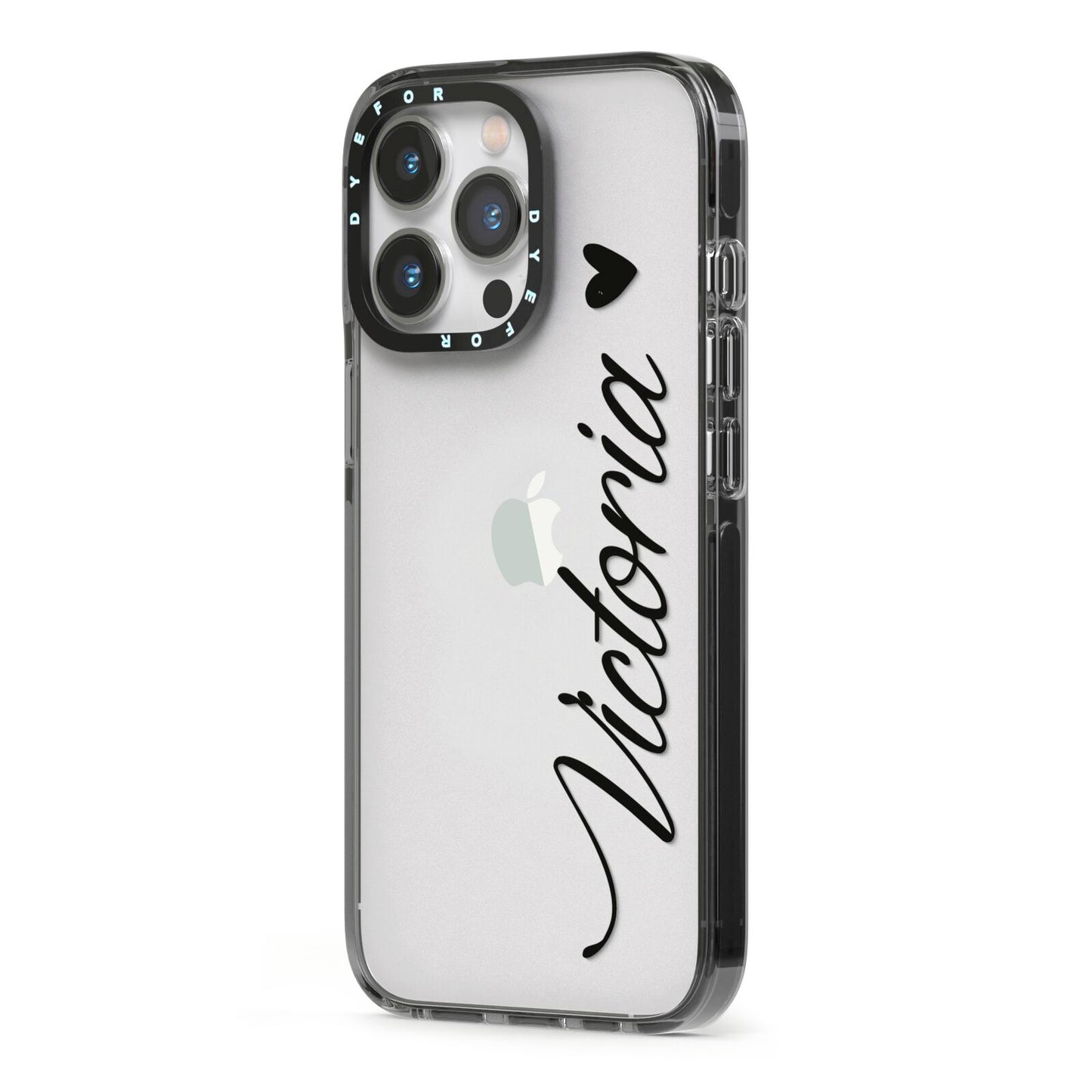Personalised Black Script Name Heart Clear iPhone 13 Pro Black Impact Case Side Angle on Silver phone