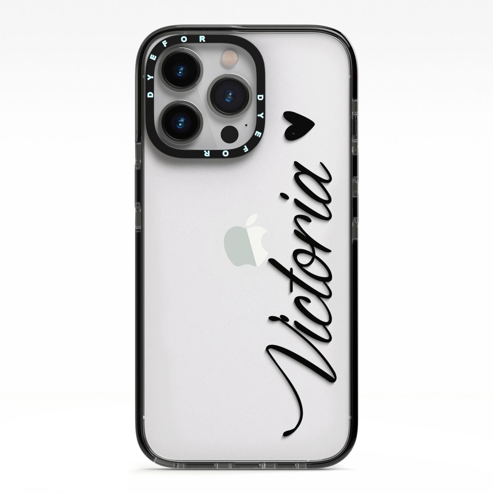 Personalised Black Script Name Heart Clear iPhone 13 Pro Black Impact Case on Silver phone