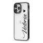 Personalised Black Script Name Heart Clear iPhone 13 Pro Max Black Impact Case Side Angle on Silver phone