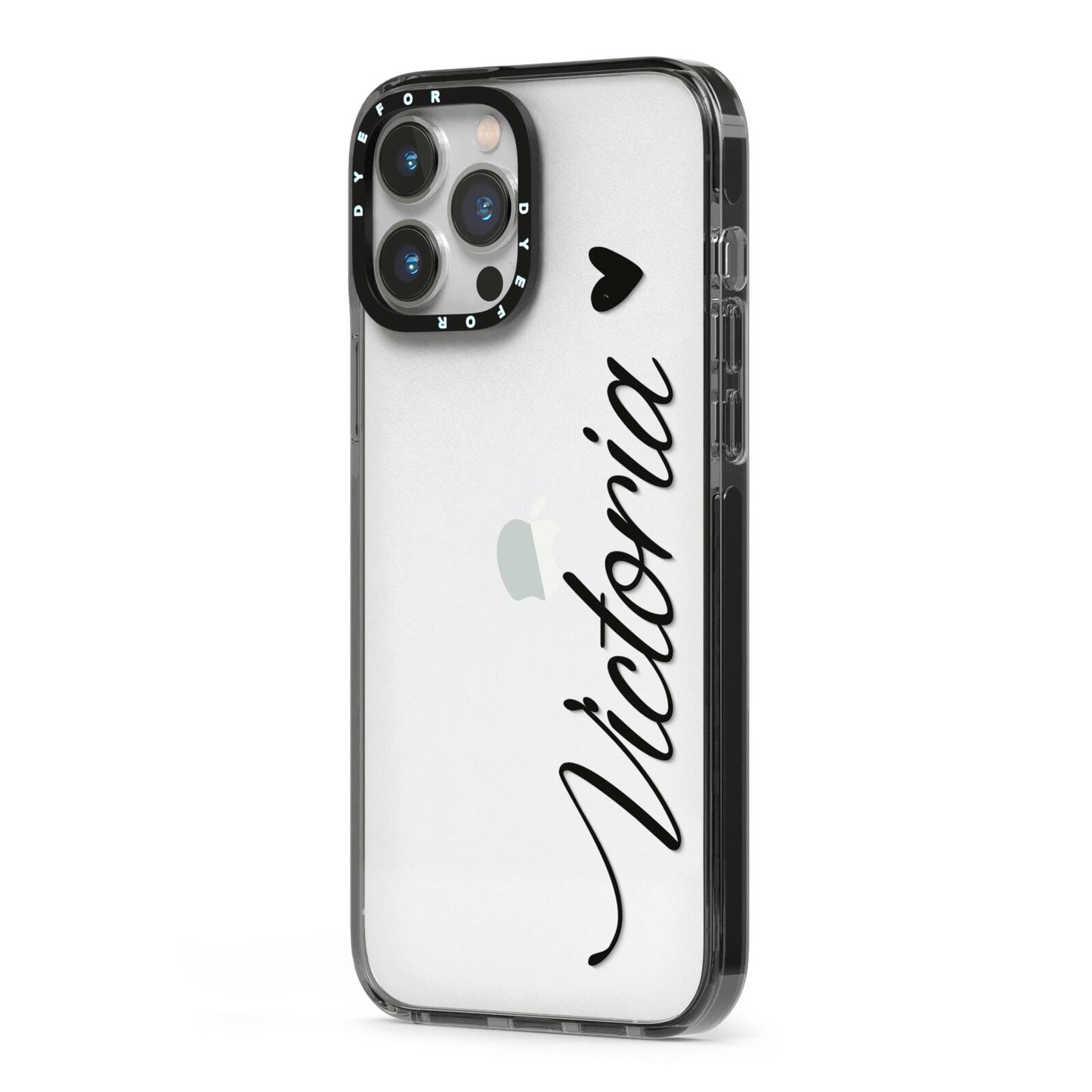 Personalised Black Script Name Heart Clear iPhone 13 Pro Max Black Impact Case Side Angle on Silver phone