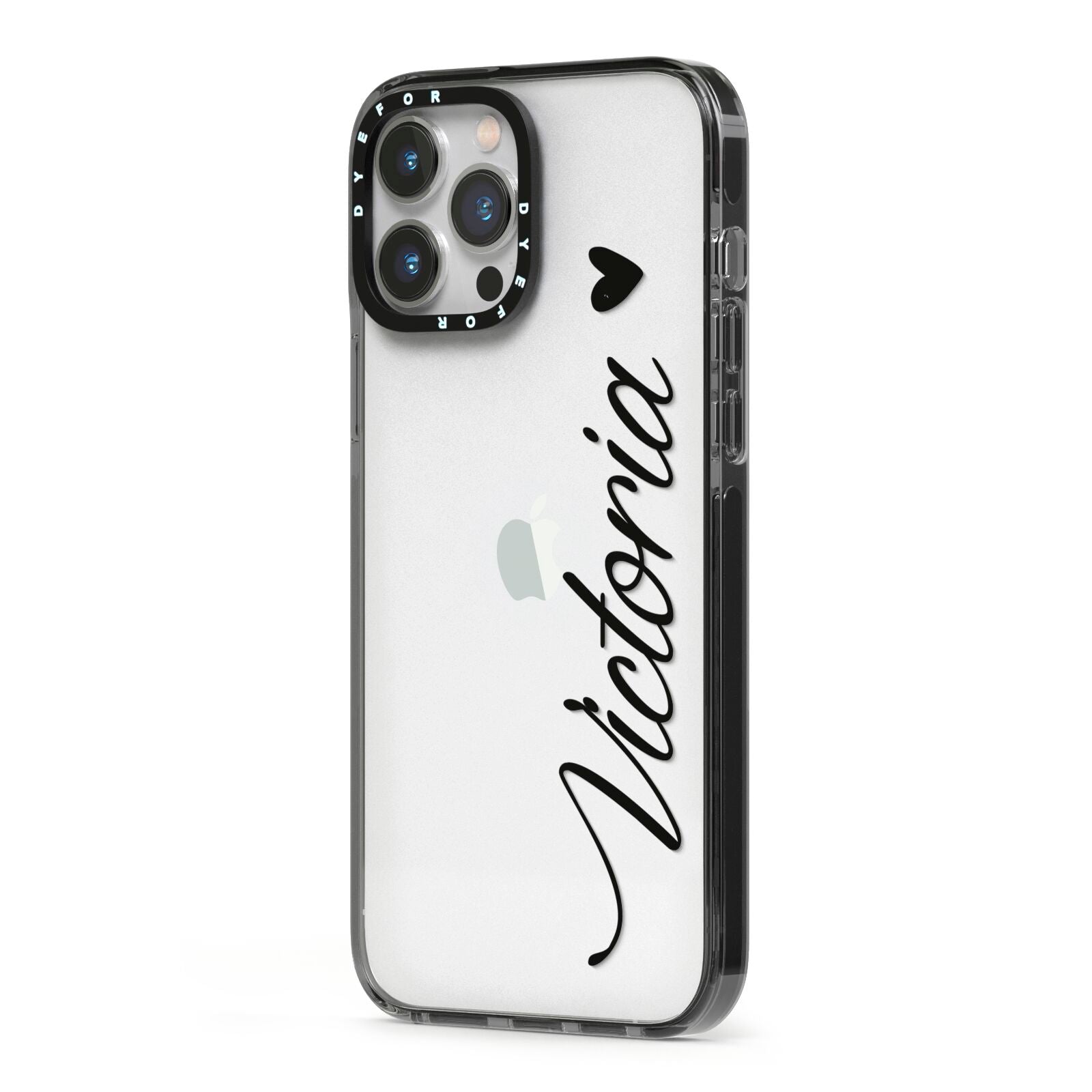 Personalised Black Script Name Heart Clear iPhone 13 Pro Max Black Impact Case Side Angle on Silver phone