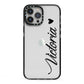 Personalised Black Script Name Heart Clear iPhone 13 Pro Max Black Impact Case on Silver phone