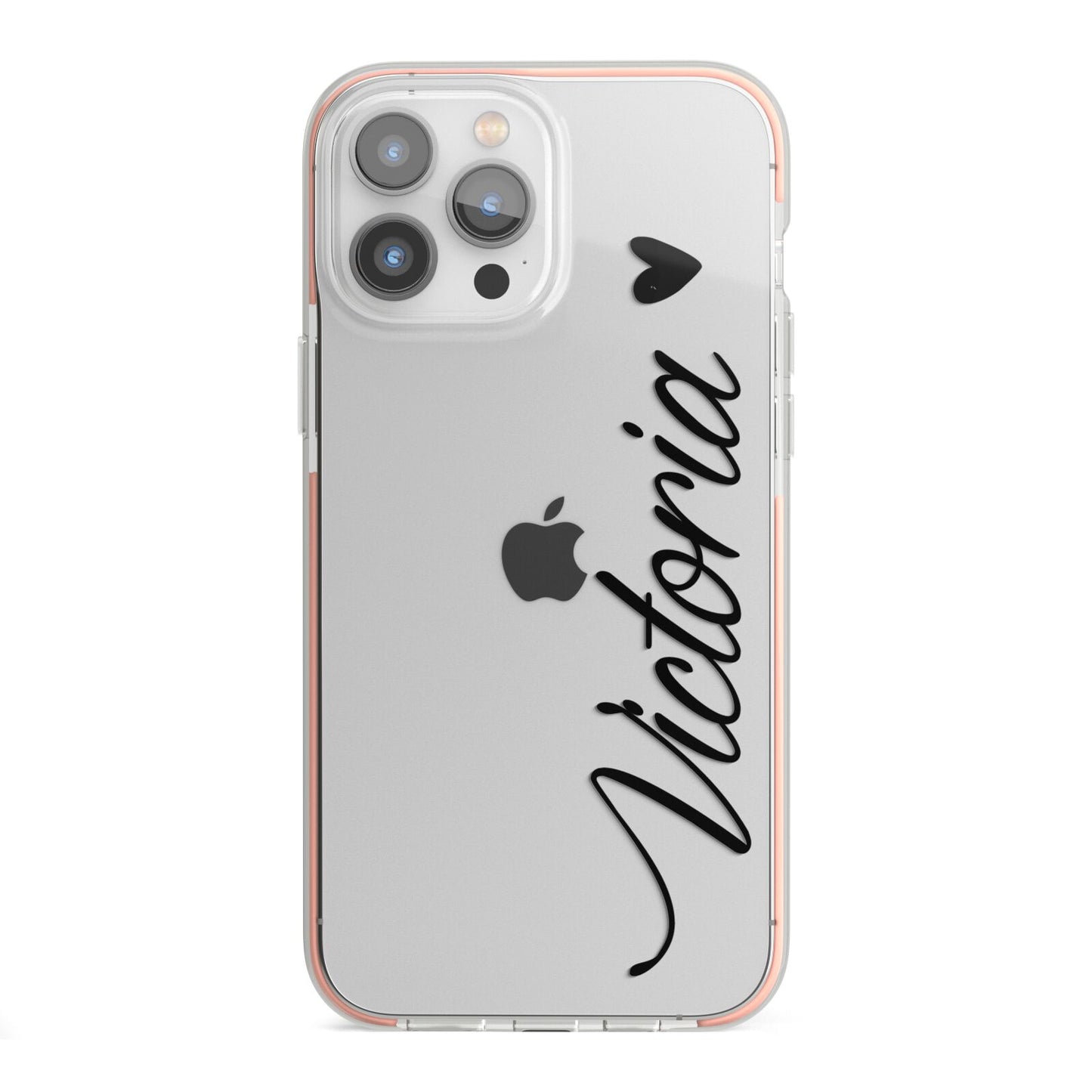 Personalised Black Script Name Heart Clear iPhone 13 Pro Max TPU Impact Case with Pink Edges