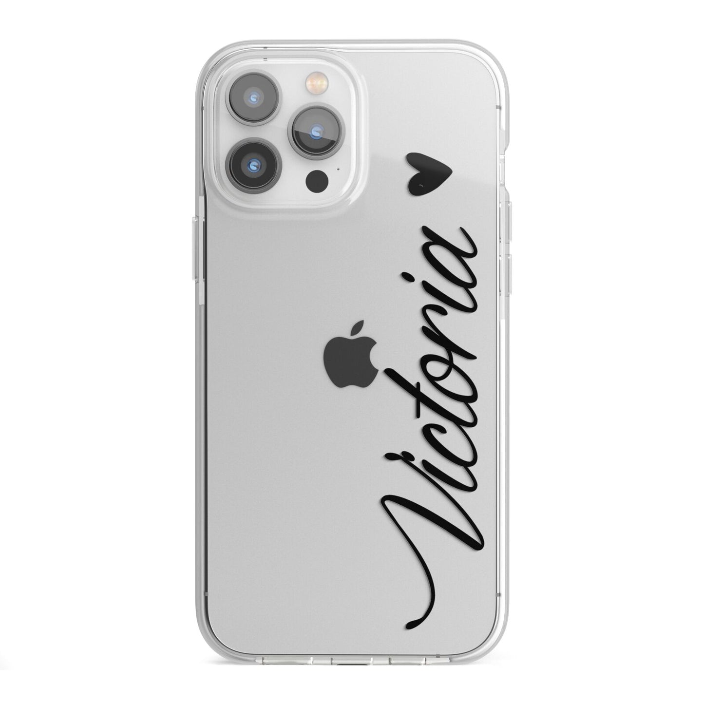 Personalised Black Script Name Heart Clear iPhone 13 Pro Max TPU Impact Case with White Edges