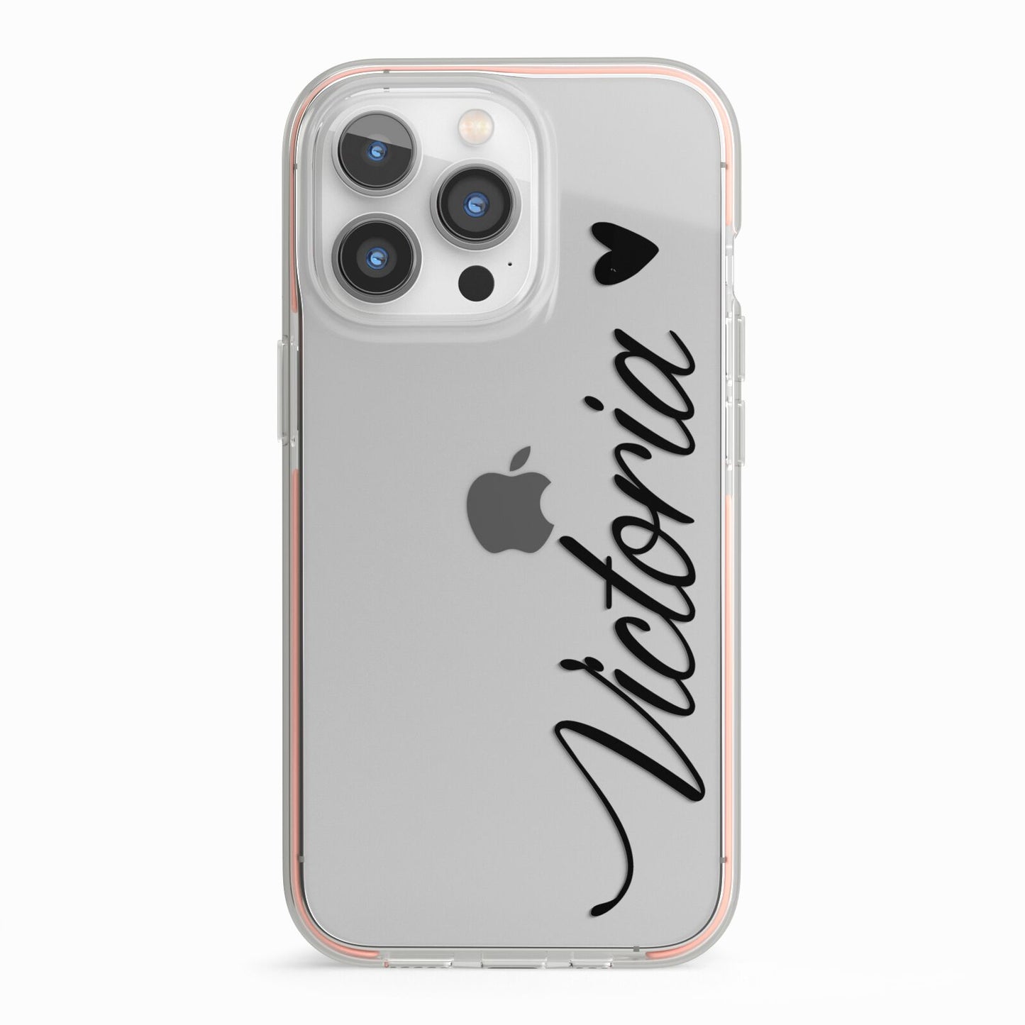 Personalised Black Script Name Heart Clear iPhone 13 Pro TPU Impact Case with Pink Edges