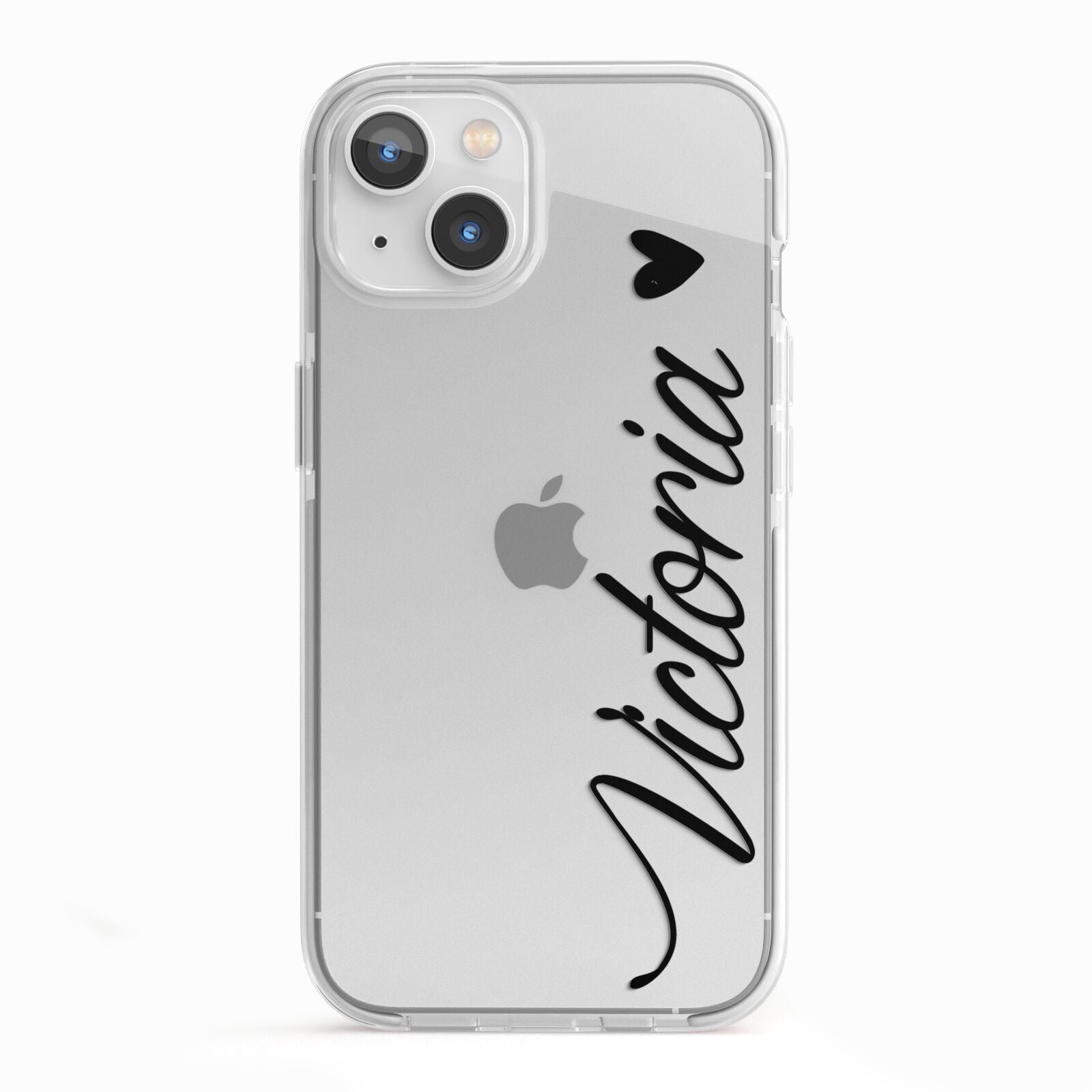 Personalised Black Script Name Heart Clear iPhone 13 TPU Impact Case with White Edges