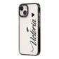 Personalised Black Script Name Heart Clear iPhone 14 Black Impact Case Side Angle on Silver phone