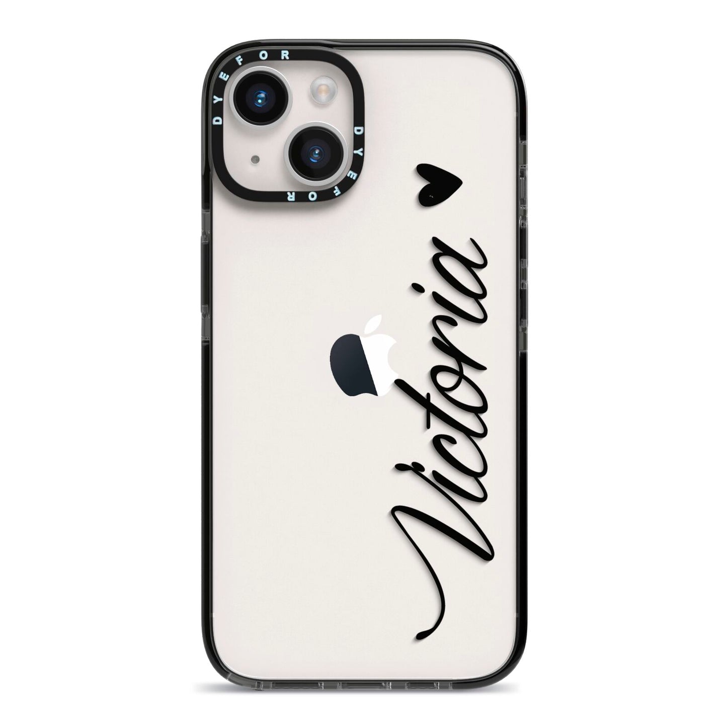 Personalised Black Script Name Heart Clear iPhone 14 Black Impact Case on Silver phone