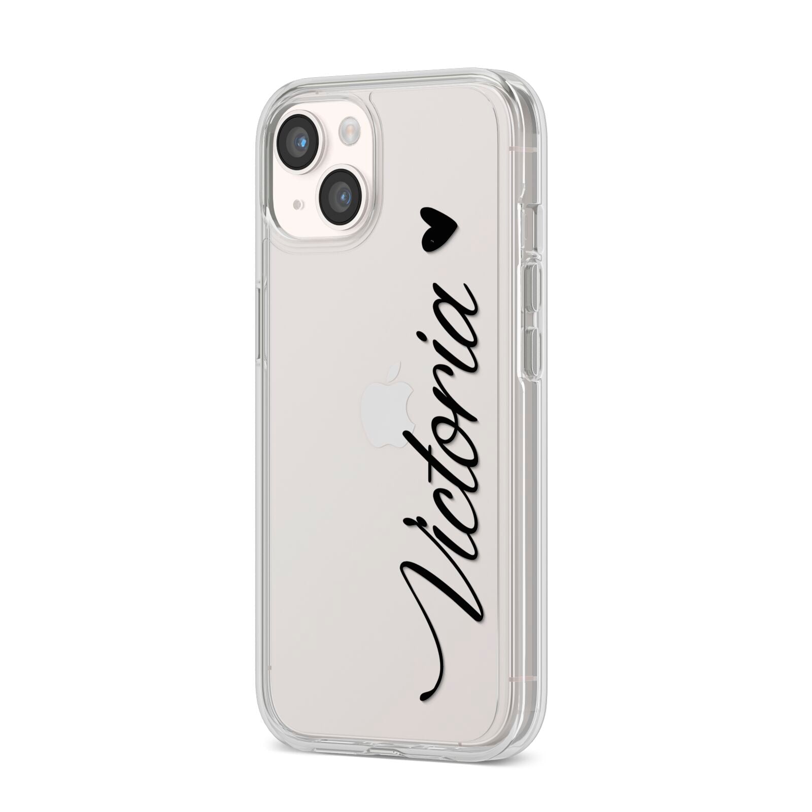 Personalised Black Script Name Heart Clear iPhone 14 Clear Tough Case Starlight Angled Image